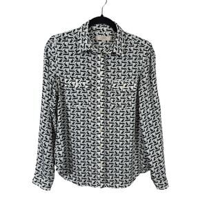 LOFT Utility Blouse Womens Size XS White Green Rabbit Bunny Print Button Up